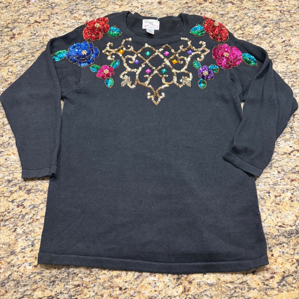 Vintage 1992 SML Sport Ltd Sequin Floral Gemstone Black Knit Sweater Large